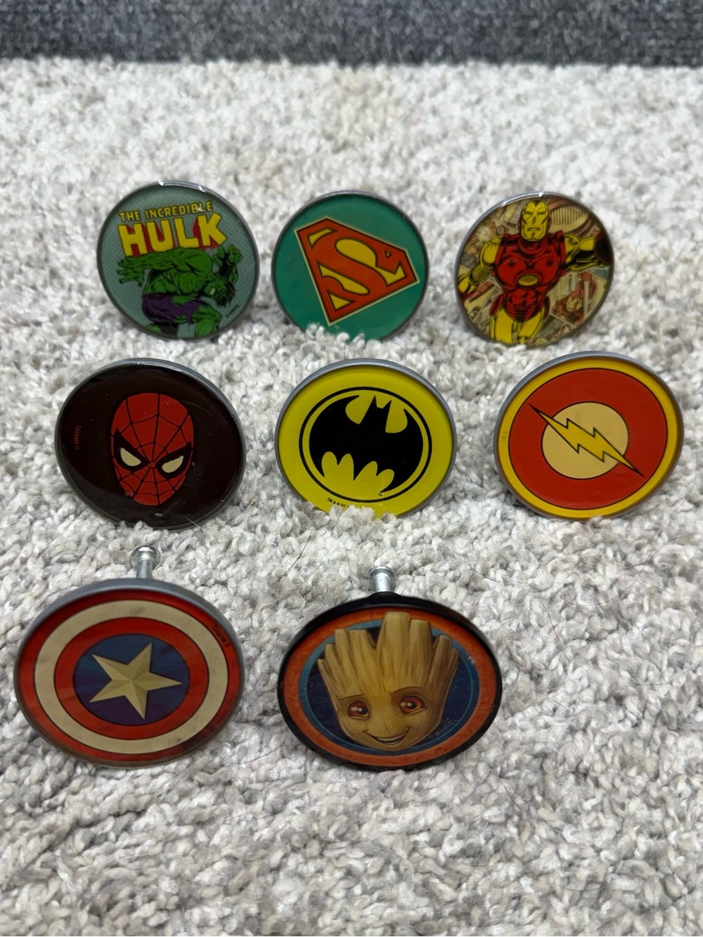 Marvel DC Dresser Drawer Knobs Handles Pulls Lot x8 Round Circle Super Heros